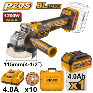 Esmerilhadeira Angular Brushless Industrial 4.1/2″ 1200W à Bateria 20V Ingco c/ Bat 4.0A.h CAGLI2211531-9