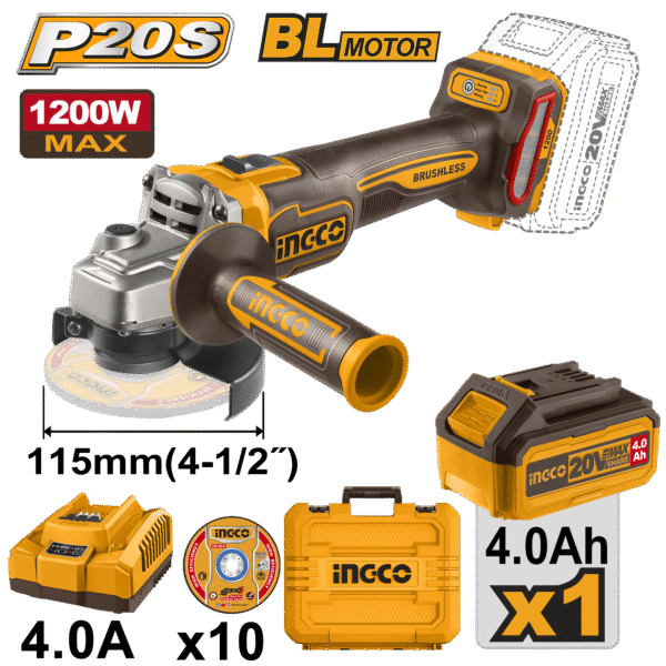 Esmerilhadeira Angular Brushless Industrial 4.1/2″ 1200W à Bateria 20V Ingco c/ Bat 4.0A.h CAGLI2211531-9