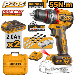 PARAFUSADEIRA E FURADEIRA COM IMPACTO 1/2” 55N.m À BATERIA ÍON-LÍTIO 20V C/2 BAT 2.0Ah INGCO CIDLI20558-9