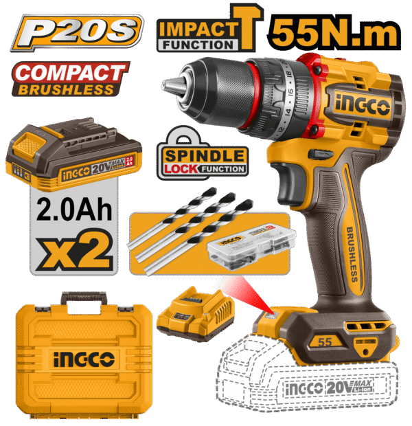 PARAFUSADEIRA E FURADEIRA COM IMPACTO 1/2” 55N.m À BATERIA ÍON-LÍTIO 20V C/2 BAT 2.0Ah INGCO CIDLI20558-9