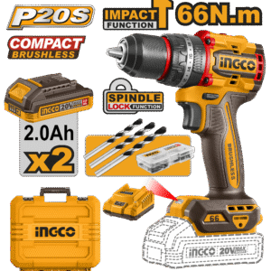 PARAFUSADEIRA E FURADEIRA COM IMPACTO 1/2” 66N.m À BATERIA ÍON-LÍTIO 20V C/2 BAT 2.0Ah INGCO CIDLI20668-9