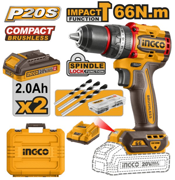 PARAFUSADEIRA E FURADEIRA COM IMPACTO 1/2” 66N.m À BATERIA ÍON-LÍTIO 20V C/2 BAT 2.0Ah INGCO CIDLI20668-9