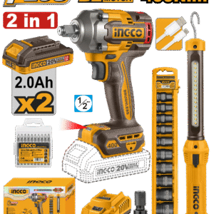 Chave de Impacto Encaixe Sextavado 1/2” 400N.m c/2 Baterias Íon-Lítio 20V 2.0A.h + Lanterna de Trabalho + Jogo Soquete Ingco COSLI23048-9