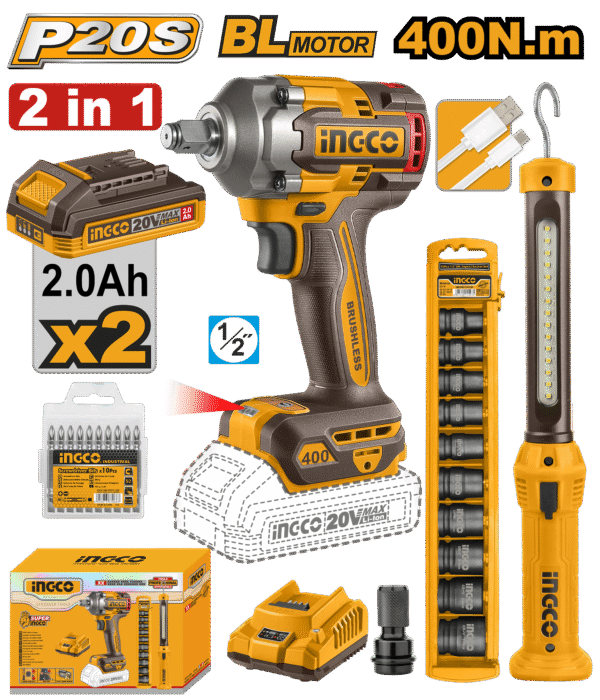 Chave de Impacto Encaixe Sextavado 1/2” 400N.m c/2 Baterias Íon-Lítio 20V 2.0A.h + Lanterna de Trabalho + Jogo Soquete Ingco COSLI23048-9