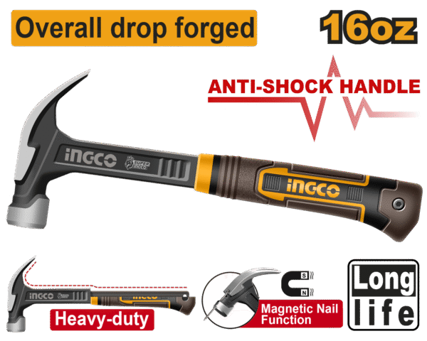 MARTELO UNHA MAGNÉTICO COM CABEÇA EM AÇO FORJADO CABO DE FIBRA 29MM 450G INGCO HCH81016L