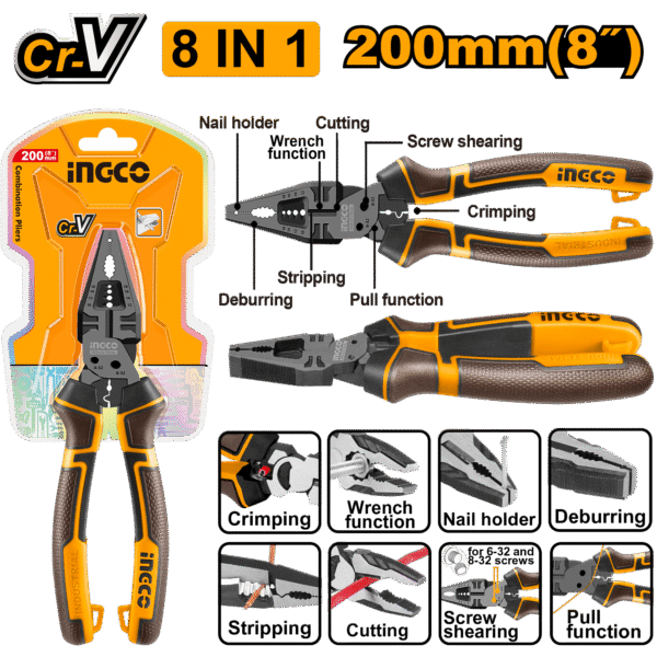 Alicate Universal 8 em 1 8″ (200mm) Ingco HMFCP28200