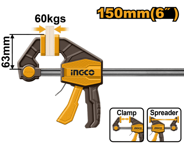 GRAMPO TIPO SARGENTO DE APERTO RÁPIDO 63X150MM(6 POL) 60KG INGCO HQBC01601