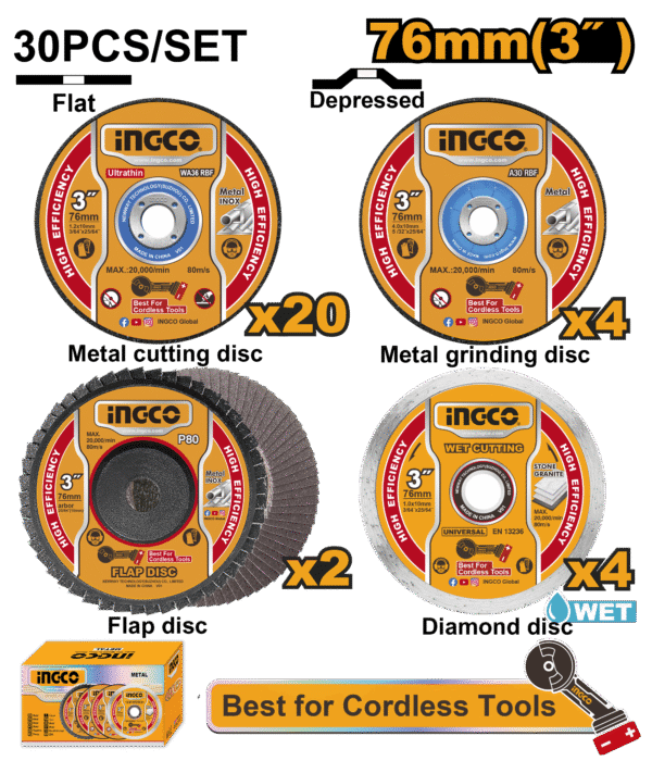JOGO DE DISCOS P/MINI MAQUINA DE CORTE 3″ (76MM) C/30PC INGCO MCD07630