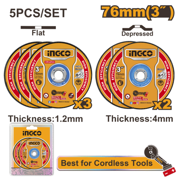 JOGO DE DISCOS DE CORTE E DESBASTE 3” C/5 PC INGCO MCD303768