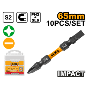 INGCO- JOGO DE BITS DE IMPACTO PH2+SL6 65MM C/10PC - SDBIM21HL133