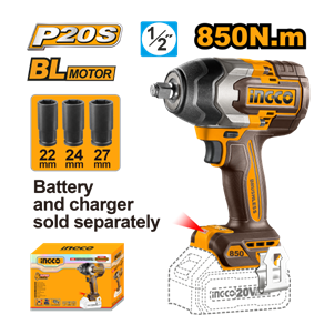 INGCO- CHAVE DE IMPACTO ENCAIXE SEXT 1/2 850N.M *NAO ACOMP BAT 20V - CIWLI20851