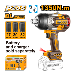 INGCO- CHAVE DE IMPACTO ENCAIXE SEXTAVADO 3/4 1350N.m *NAO ACOMP BATERIA 20V - CIWLI201351