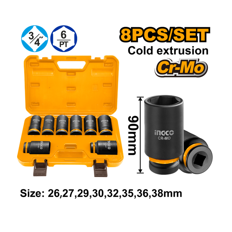 JOGO SOQUETE IMPACTO 3/4" 90MM C/8PC INGCO Ref: HKISSD34082L HKISSD34082L