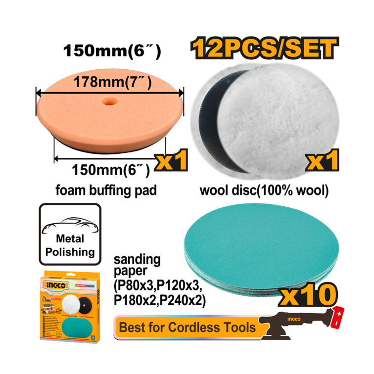 JOGO DE ACESSSORIOS PARA POLITRIZ 150MM C/12PC INGCO APG15012