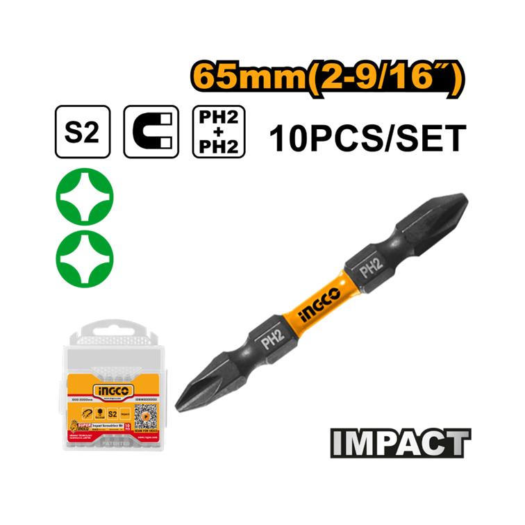 JOGO DE BITS DE IMPACTO PH2+PH2 65MM C/10 PC INGCO SDBIM21PH233