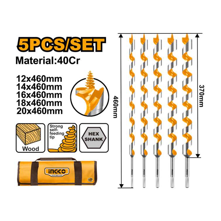 JOGO DE BROCAS P/MADEIRA C/5PC HASTE HEXAGONAL 460MM INGCO DBW0501
